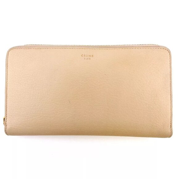 CELINE Long Wallet Logo Pink Bordeaux Leather Authentic USED - Picture 1 of 8